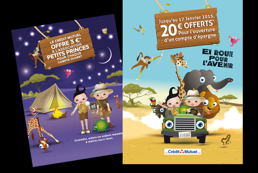 Réalisation d'illustrations sur le thème "Safari" pour le compte Pop Corn du Crédit Mutuel Laval